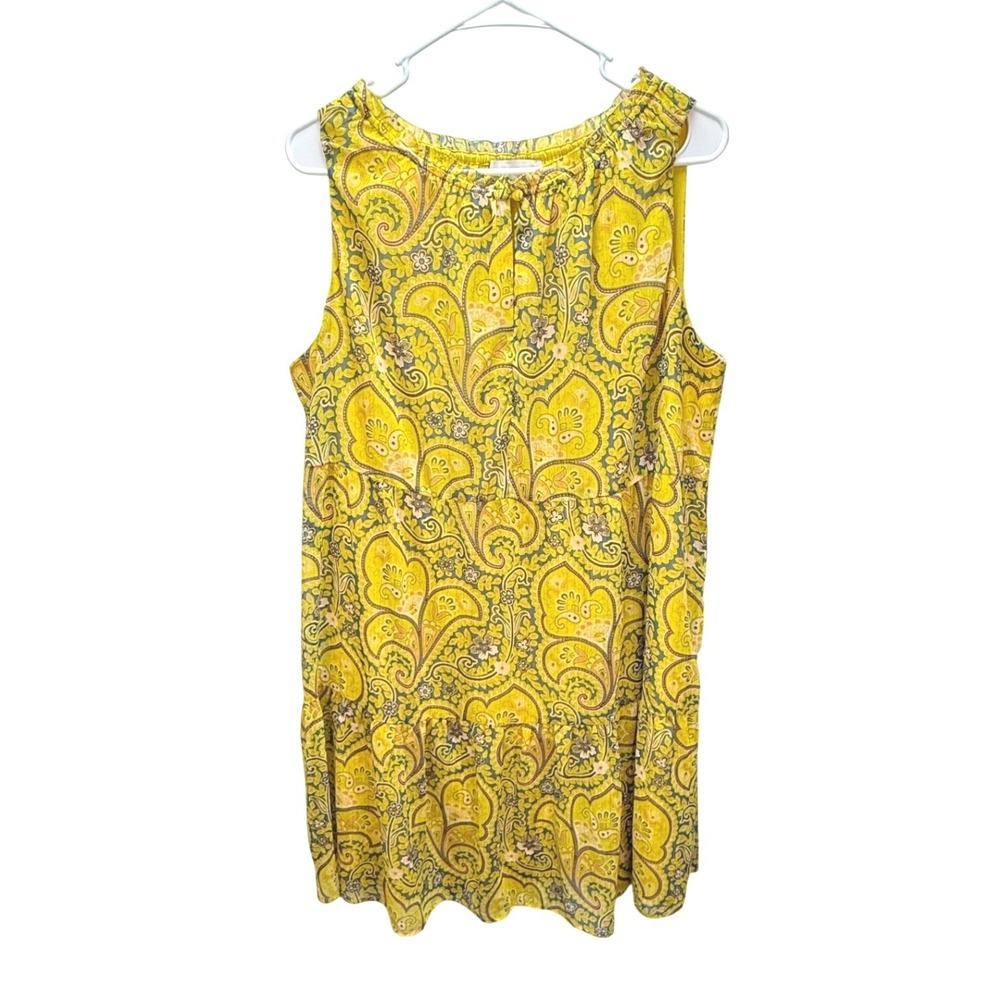 LOFT Paisley Tiered Mini Shift Dress L Yellow Metallic Sleeveless Ruffled Boho